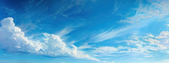 Vibrant blue sky with dramatic white clouds and delicate wispy streaks creating a peaceful and expansive atmosphere