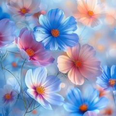 Fototapeta premium soft pastel flowers in shades of blue, pink, and peach with delicate petals and orange centers surrounded by gentle blurred light bokeh creating a calm and dreamy atmosphere