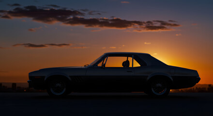 Fototapeta premium Silhouette of a Classic Car at Golden Sunset with Dramatic Sky