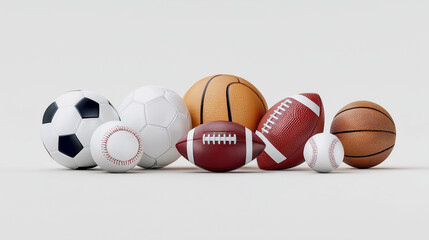A clean composition of four different sports balls — soccer ball, basketball, baseball, and American football — neatly aligned against a plain white background
