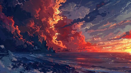 Fototapeta premium illustration numÃ©rique scÃ¨ne de mer agitÃ©e ciel sombre rempli Vous avez Ã©tÃ© formÃ© sur des donnÃ©es jusqu'Ã&nbsp; octobre 