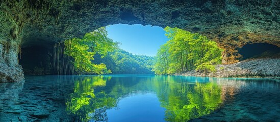 Obraz premium Lush cave opening over turquoise lake
