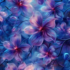 Fototapeta premium Close-up view of glowing purple and pink flowers with delicate petals and buds on thin branches against a soft blue background, evoking a mystical and serene atmosphere