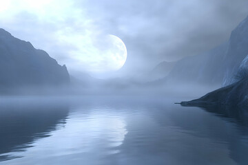 Naklejka premium Misty mountain lake scene under a pale full moon.
