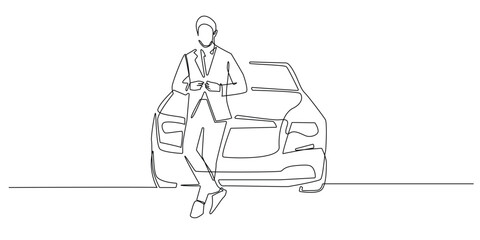 continuous one line drawing of successful man with luxury car background.one line drawing of successful man portrait in job,business,career.single line vector illustration