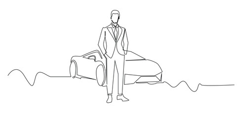 continuous one line drawing of successful man with luxury car background.one line drawing of successful man portrait in job,business,career.single line vector illustration