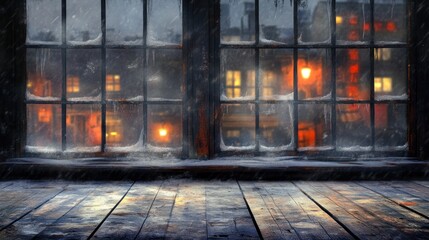 winter wonderland pane a captivating view from a snow-covered window onto a quaint village street bathed in the warm glow of evening lights