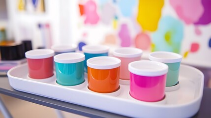 A tray of colorful plastic cups with a white background