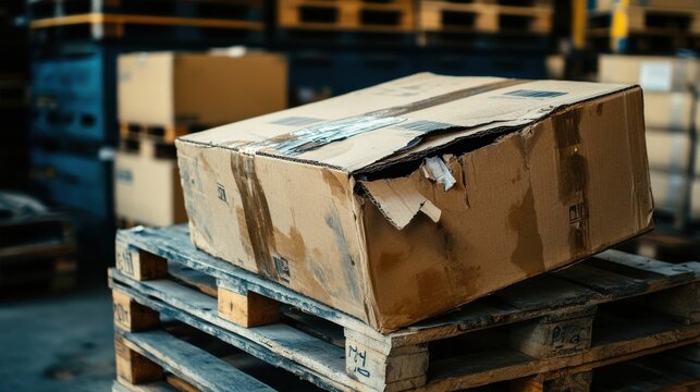A stunning image of damaged cardboard box on wooden pallet at warehouse. Torn parcel in logistics, broken container during shipping. Warehouse stock and delivery concept.