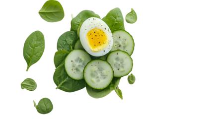 A fried egg on top of a salad with cherry tomatoes and cucumbers.