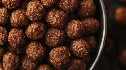 Obraz premium A stunning image of close-up of dry vegan dog food texture. Brown crunchy kibble, pet food concept. Vegetarian nutrition, healthy balanced meal for purebred dogs, puppies in bowl.