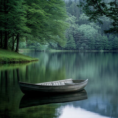 Serene lake scene with a boat. Lush green forest surrounds tranquil water