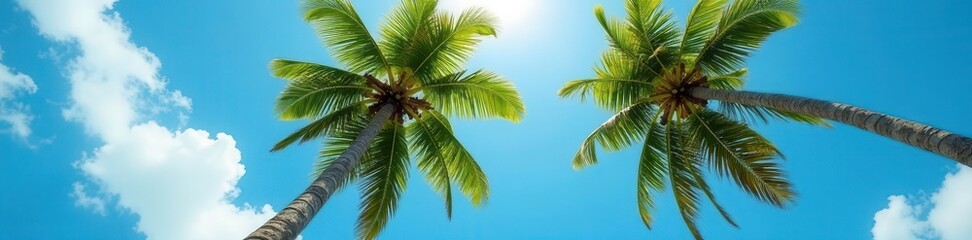 Fototapeta premium Upward view of lush palm tree against Maldives sky , tree, leaves