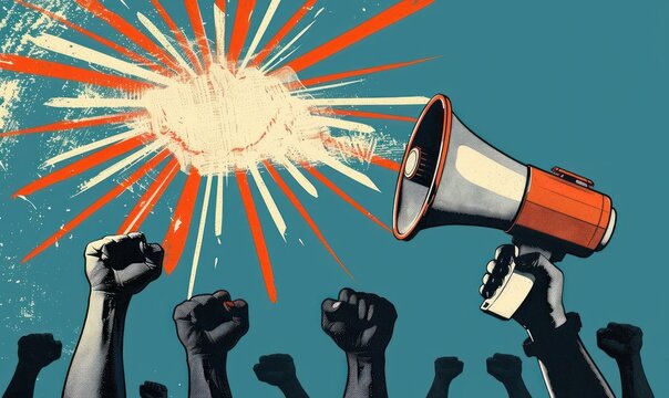 Raised black fists in a crowd with a red and silver megaphone under a bright orange and white burst of light symbolizing empowerment and protest