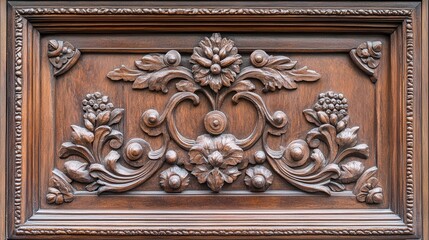 Intricately carved wooden panel featuring floral designs and ornate details, showcasing craftsmanship