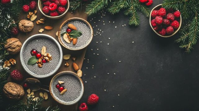 Festive dessert bowls with berries and nuts.