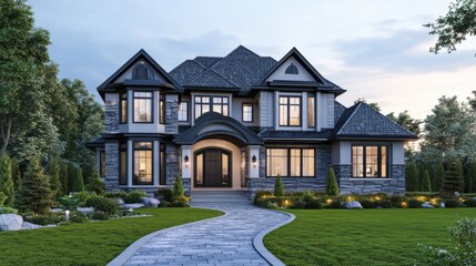 A stunning image of luxury suburban home with nice landscape, stone pathway, green grass. Summer day in North America. Family house exterior, residential architecture, real estate.