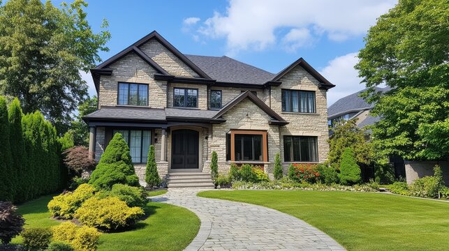 A stunning image of luxury suburban home with nice landscape, stone pathway, green grass. Summer day in North America. Family house exterior, residential architecture, real estate.
