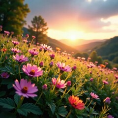 Obraz premium Vibrant wildflowers sway in soft sunset glow, spring rain , peaceful, natural