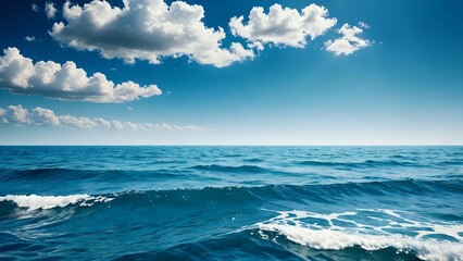 Fototapeta premium Open ocean view with soft rolling waves under expansive sky filled with scattered white clouds in calm and bright seascape. Nature concept 