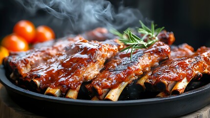 Smoked BBQ ribs with sauce, rosemary, and cherry tomatoes.