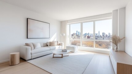 Modern, bright living room with city views