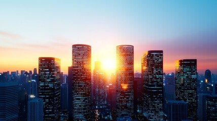 Obraz premium City Skyline at Sunset, Warm Colors, High Rise Buildings