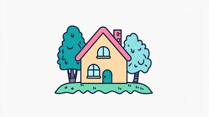 Naklejka premium Cartoon house in a simple landscape. Possible use for children's books, educational materials