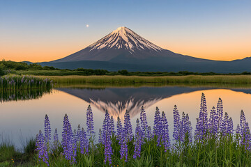 Serene sunset landscape featuring a majestic snow-capped volcano reflected in a tranquil lake, framed by vibrant purple lupine flowers.