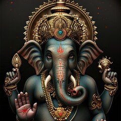 Fototapeta premium ornate sculpture of a deity with elephant features, golden intricate headdress, multiple arms holding symbolic objects, detailed jewelry, and serene dark background with warm glowing particles
