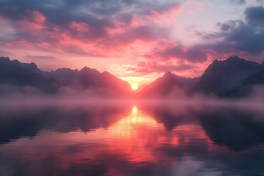 A breathtaking mountain lake at sunset with a vibrant sky.