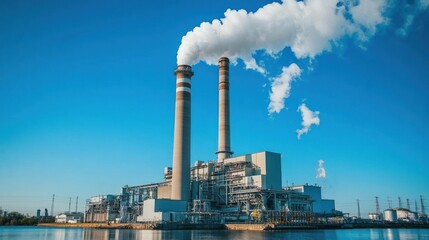 power generation plant emitting steam under a cloudless blue sky, industrial structures stand near water showing energy production and environmental considerations, and infrastructure