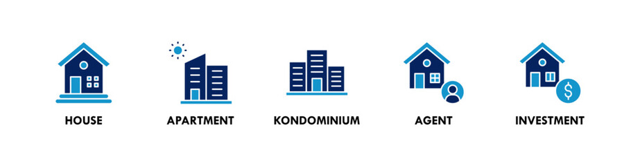 Real Estate banner web icon illustration concept with icon of house, apartment, condominium, agent, and investment