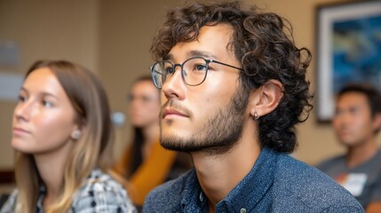 Fototapeta premium Attendees listening intently during a presentation in a conference room. Possible use Stock photo for business, education, or training