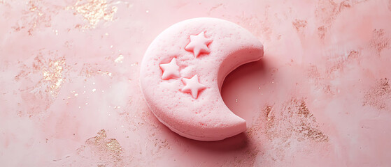 Fototapeta premium Delicate pink moon-shaped dessert with star details on a shimmering background, perfect for sweet treats and celebrations.