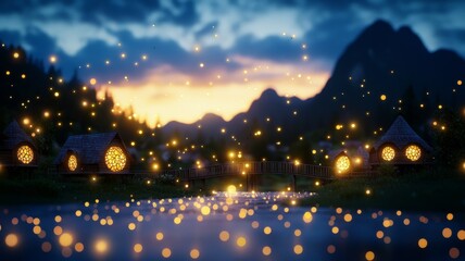 Fototapeta premium Enchanted Lakeside Village at Dusk with Shining Lights and Mountains