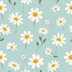 Obraz premium Seamless pattern of white daisies with yellow centers and green leaves on a soft blue background, evoking a cheerful and fresh springtime feeling
