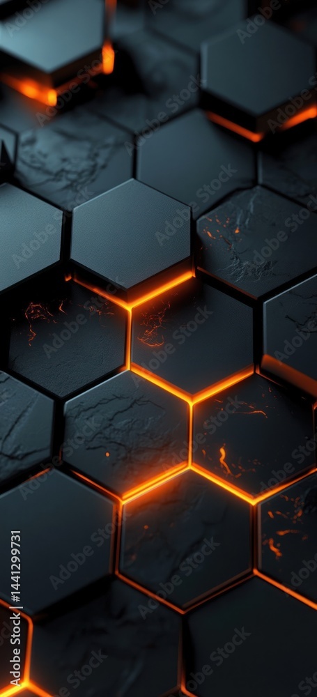 Wall mural abstract tech background with geometric hexagonal tiles with orange glow in dark space, concept of d