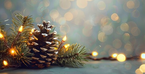 Close-up of pine cone with pine branches and warm yellow fairy lights creating a festive and cozy atmosphere with blurred bokeh lights in the background