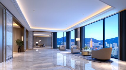 Modern Hotel Lobby Interior With City View At Night