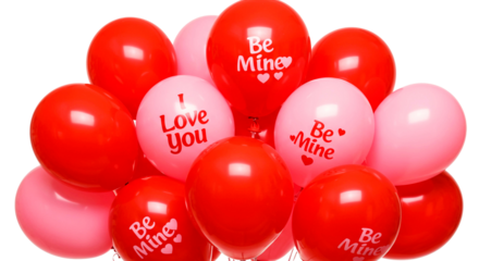 A bunch of pink and red balloons with the words be mine and love you floating on a black background