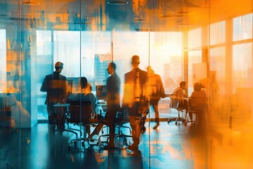 blurred silhouettes of business people working and conversing in a modern glass office space with warm orange and blue lighting creating a dynamic and energetic atmosphere