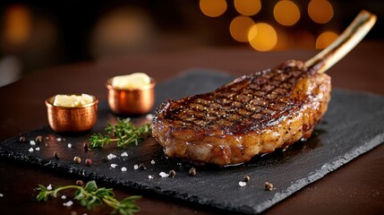 Tomahawk steak presentation on textured slate platter with grill marks and glossy surface, accompanied by copper ramekins of compound butter and scattered seasonings