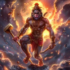Fototapeta premium Powerful muscular warrior with ornate golden jewelry holding a large hammer and staff, glowing with fiery and cosmic background, surrounded by clouds and floating rocks, embodying strength and majesty