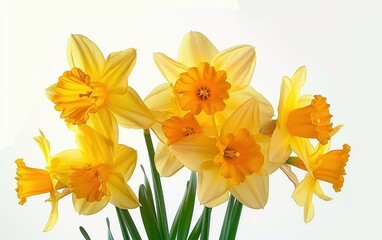 Fototapeta premium Bright yellow daffodil flowers with vivid orange trumpet-shaped centers and green stems against a white background conveying freshness and natural beauty