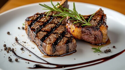 Balsamic glaze drizzle applied in precise grid lines over perfectly seared steak, complemented by vibrant rosemary sprig and black peppercorn accents on minimalist white plating