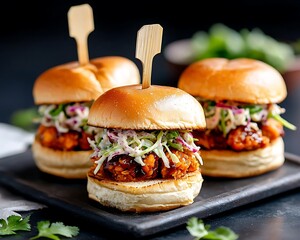 Delicious mini burgers on buns with coleslaw