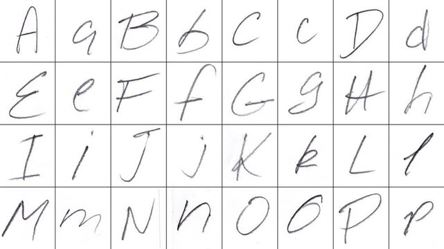 An animated font featuring all the letters of the alphabet and the main punctuation/special characters, all handwritten in pencil. Grid lines let you easily mask out the characters you need. 