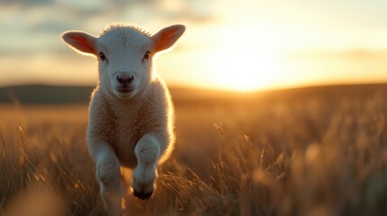 Obraz premium Innocent lamb leaping in golden sunset field