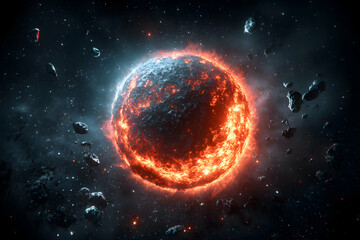 An amazing depiction of an exploding celestial body with asteroid fragments in a starry space. Perfect for space-themed projects. Use it as wallpaper.